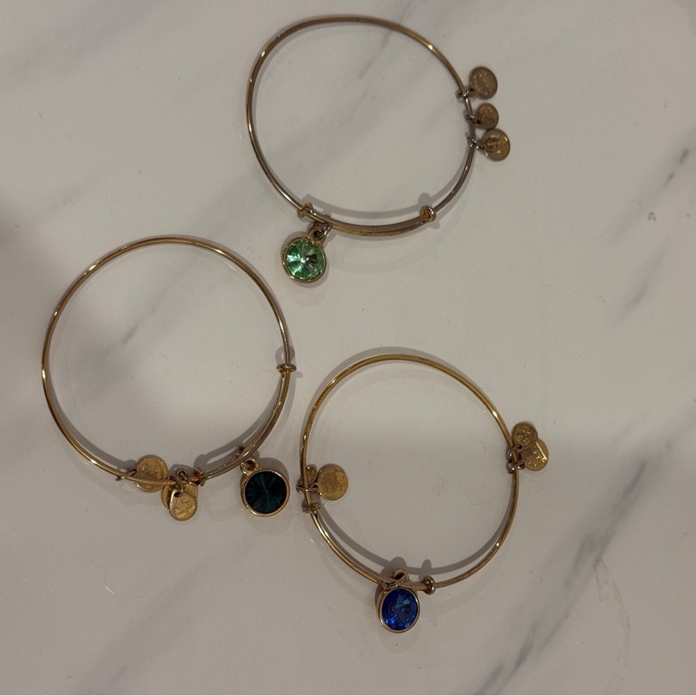 Alex and Ani Gold Bracelets with Green,‎ Blue, and Black Charms 3 BUNDLE